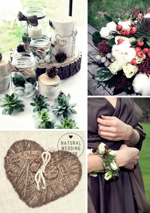 Natural Wedding Decor - wood, tree slice, cardboard, rope, succulents, autumn, rustic