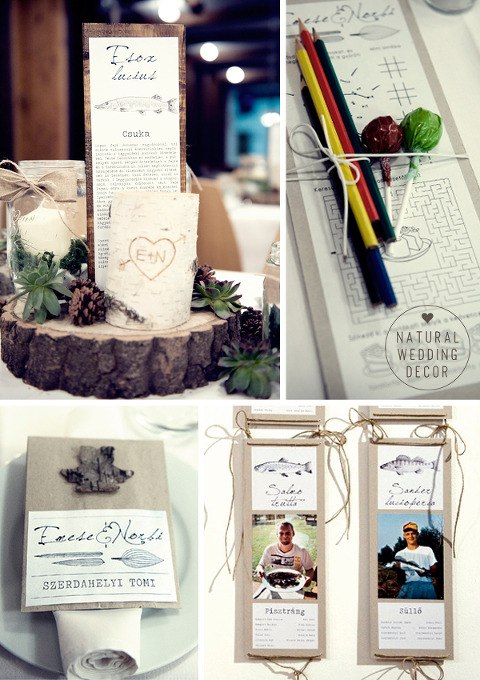 Natural Wedding Decor - wood, tree slice, cardboard, rope, succulents, autumn, rustic, fishing