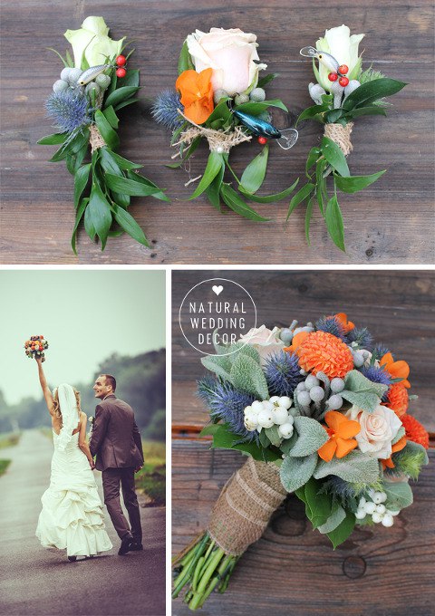 Natural Wedding Decor - rustic, fishing, orange, blue, tree slice