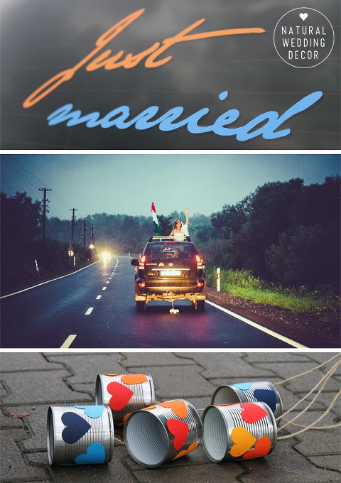 Natural Wedding Decor - rustic, fishing, orange, blue, tree slice, Just Married