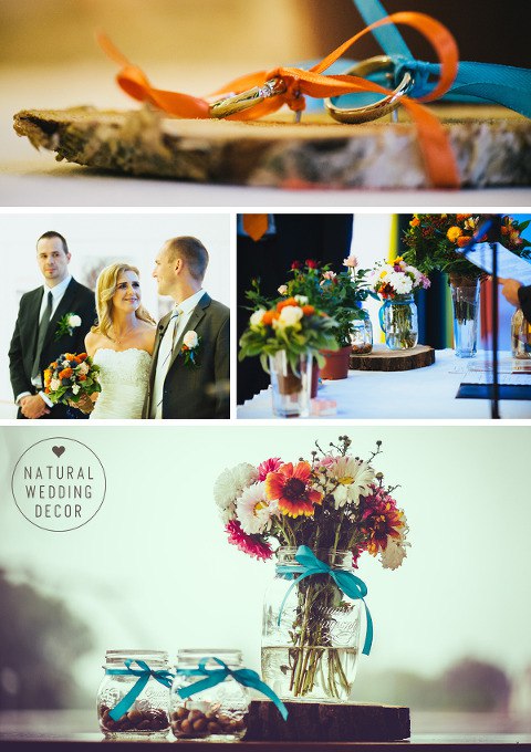 Natural Wedding Decor - rustic, fishing, orange, blue, tree slice