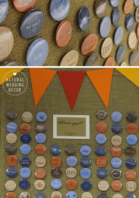 Natural Wedding Decor - rustic, fishing, orange, blue, tree slice, badges