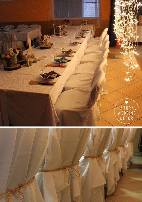 Natural Wedding Decor - rustic, fishing, orange, blue, tree slice, raffia chair