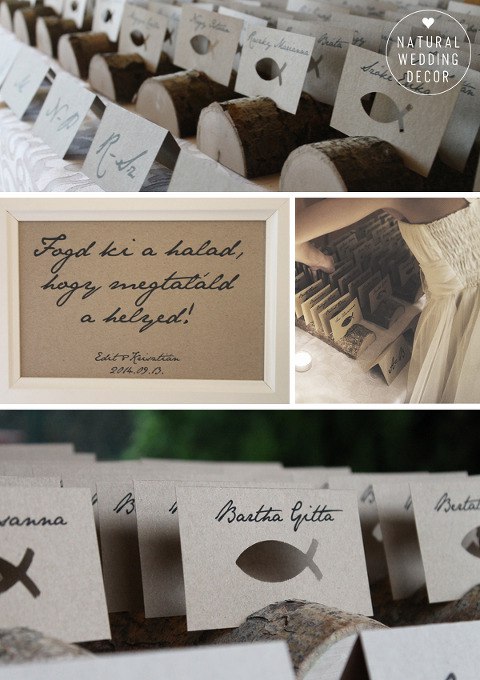 Natural Wedding Decor - rustic, fishing, orange, blue, tree slice, seating