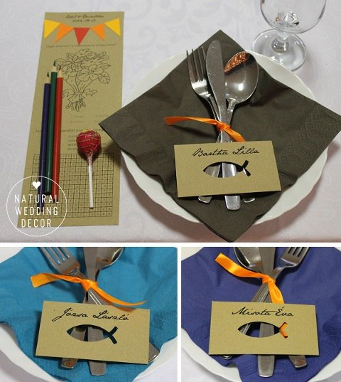 Natural Wedding Decor - rustic, fishing, orange, blue, tree slice, kids