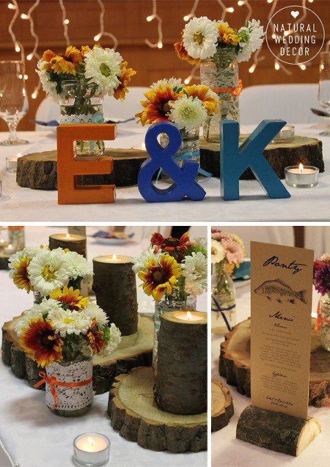 Natural Wedding Decor - rustic, fishing, orange, blue, tree slice