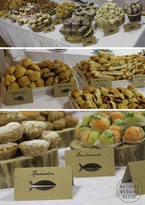 Natural Wedding Decor - rustic, fishing, orange, blue, tree slice, sweets