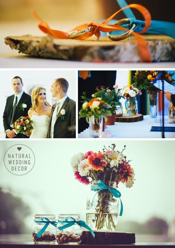Natural Wedding Decor - rustic, fishing, orange, blue, tree slice