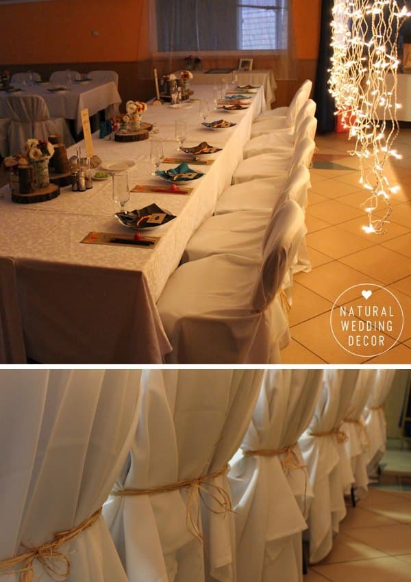 Natural Wedding Decor - rustic, fishing, orange, blue, tree slice, raffia chair