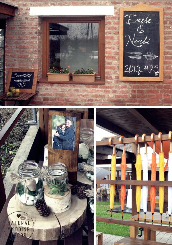 Natural Wedding Decor - wood, tree slice, hot wine, cardboard, rope, succulents, autumn, rustic, roasted chestnuts, umbrella