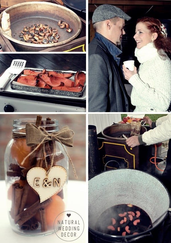 Natural Wedding Decor - wood, tree slice, hot wine, cardboard, rope, succulents, autumn, rustic, roasted chestnuts